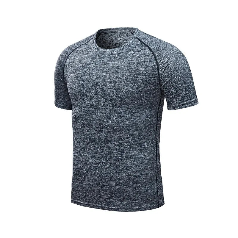 Men’s grey short-sleeve athletic T-shirt with a textured finish, crew neck, and black seam detailing.
