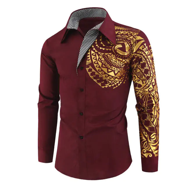 Men’s burgundy long-sleeve shirt with gold print.
