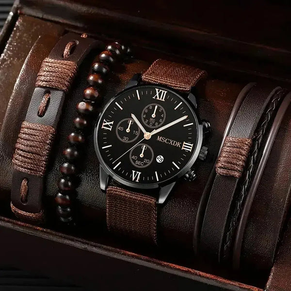 Men's Business Leather Watch Set