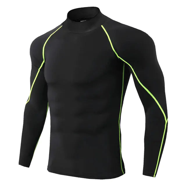 Black long-sleeve compression top with green side detailing.
