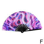 Open folding hand fan with a pink, purple, and blue marbled swirl pattern and black ribs, labeled “F.