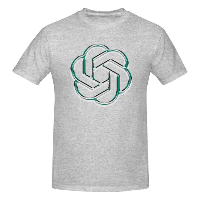 Beige graphic T-shirt with a large interlocking logo print on the front.
