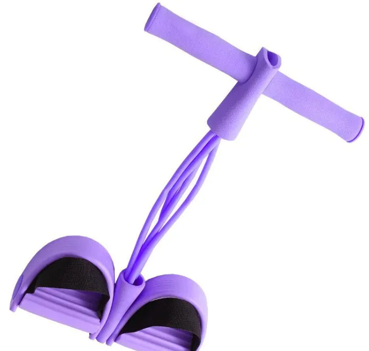 Pink resistance band exerciser with foam-covered handlebar and dual foot pedals, connected by four elastic tubes. Designed for home workouts, stretching, or strength training. Displayed against a white background.