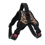 Red and black padded dog harness with adjustable straps, quick-release buckles, and a metal D-ring for leash attachment.