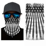 Black and white American flag neck gaiter face covering with stars and stripes print.
