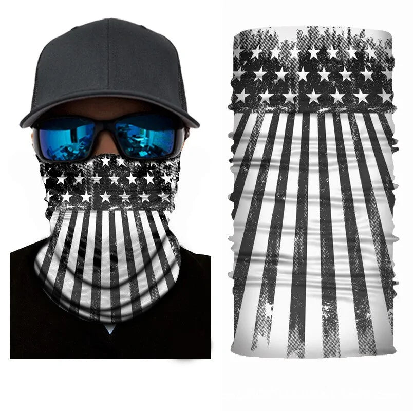 Black and white American flag neck gaiter face covering with stars and stripes print.
