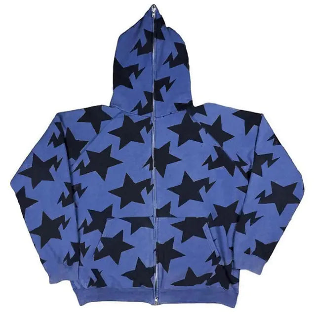 Blue zip-up hoodie with an all-over black star print, shown flat on a white background.
