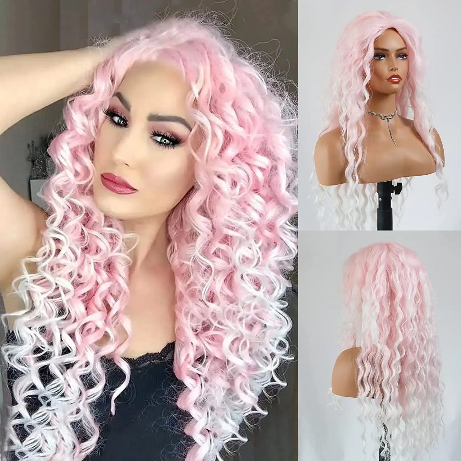 A three-image collage showcasing a long, curly wig with a pastel pink-to-white ombré: left panel shows a woman wearing the voluminous ringlet curls; right panels show the wig on a mannequin from the front and back, highlighting the loose curls and color fade.