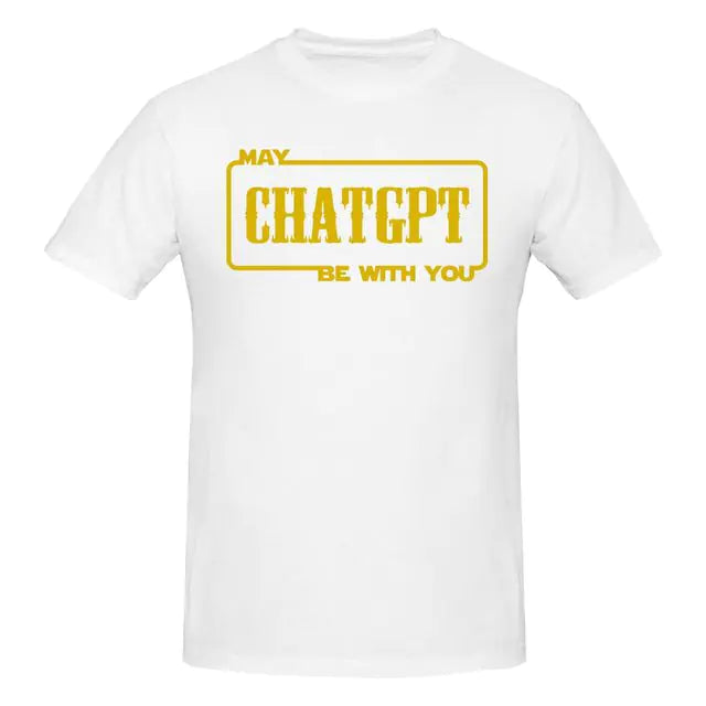 White graphic T-shirt with yellow printed slogan on the front.