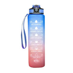 A motivational water bottle with a gradient design transitioning from blue to pink, featuring time markers and phrases to encourage hydration, including “Get Started,” “Keep Chugging,” and “You Did It.