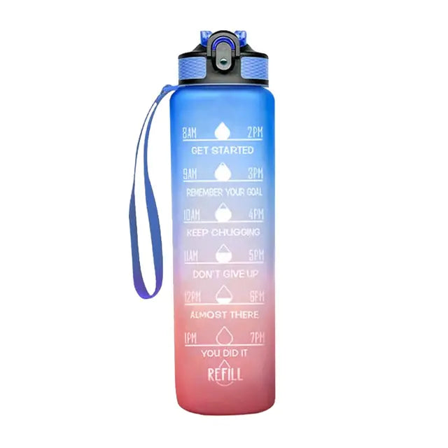 A motivational water bottle with a gradient design transitioning from blue to pink, featuring time markers and phrases to encourage hydration, including “Get Started,” “Keep Chugging,” and “You Did It.