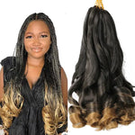 Split image showing a woman wearing long black box braids with honey-blonde ombré curled ends, alongside a matching hair extension bundle with loose curls and blonde tips on a white background.