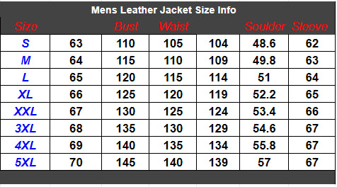 Men's Hard Core Batik Leather Jacket Size Chart