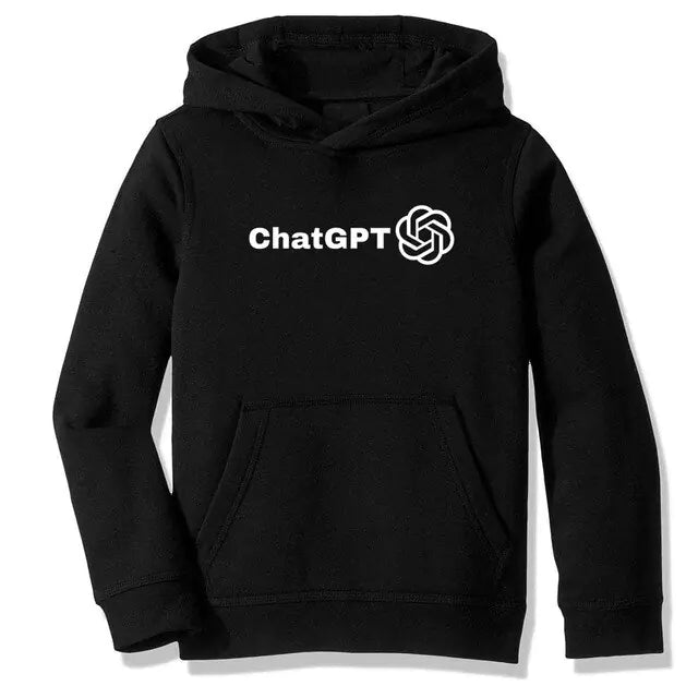 Black pullover hoodie with a front kangaroo pocket and white ChatGPT logo print on the chest.