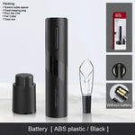 Black electric wine opener set (ABS plastic) with opener, charging base, foil cutter, and wine stopper/pourer attachments, shown with packaging icons and “without battery” note.