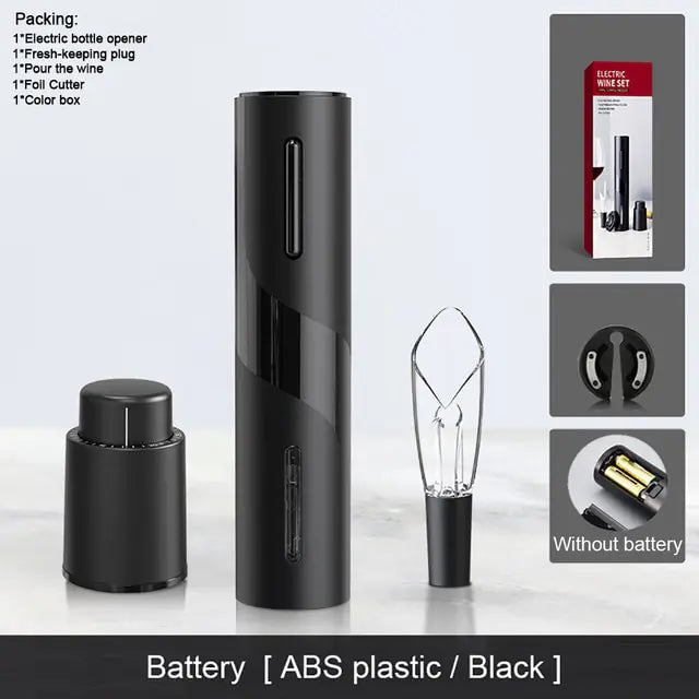 Black electric wine opener set (ABS plastic) with opener, charging base, foil cutter, and wine stopper/pourer attachments, shown with packaging icons and “without battery” note.