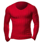 Red men’s long-sleeve fitted V-neck top with ribbed texture.
