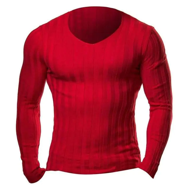 Red men’s long-sleeve fitted V-neck top with ribbed texture.
