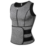 Grey zip-front neoprene waist trainer vest with adjustable Velcro belt, sleeveless compression design for body shaping and workout support.