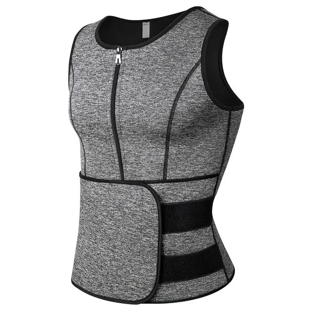 Grey zip-front neoprene waist trainer vest with adjustable Velcro belt, sleeveless compression design for body shaping and workout support.