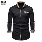Black long-sleeve shirt with beige checked trim.
