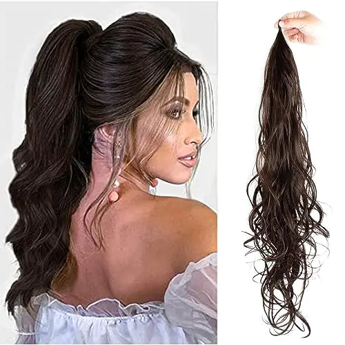 Woman wearing a long, voluminous ponytail extension that matches her dark brown hair, shown on the left. On the right, a close-up of the curly ponytail extension, which is held by the top loop.