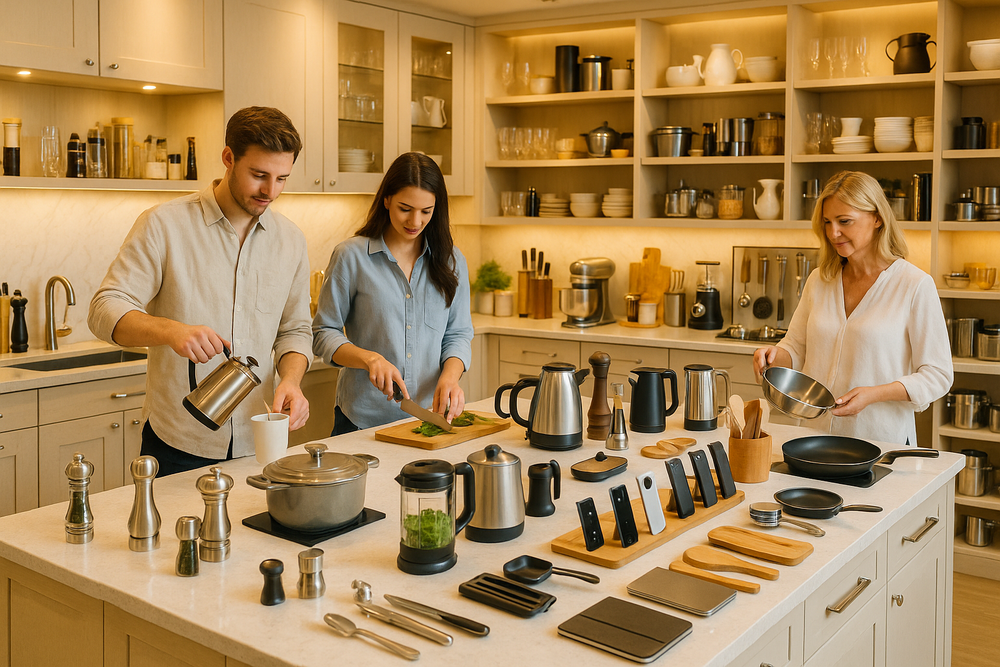 Three people in a kitchen preparing food with various kitchen appliances and utensils.