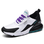 White and black sporty trainer with purple laces and teal sole accents.