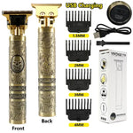 Gold engraved USB-rechargeable hair trimmer kit showing front and back views of the clipper, four guide combs labeled 1.5mm, 2mm, 3mm, and 4mm, a USB cable, cleaning brush, user manual, and product box.