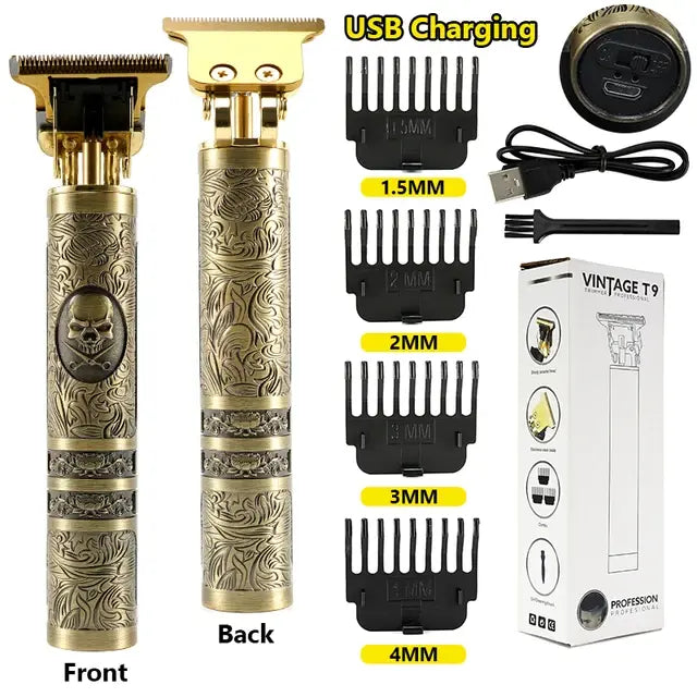 Gold engraved USB-rechargeable hair trimmer kit showing front and back views of the clipper, four guide combs labeled 1.5mm, 2mm, 3mm, and 4mm, a USB cable, cleaning brush, user manual, and product box.