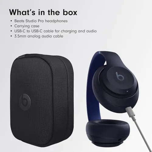 Graphic titled “What’s in the box” listing Beats Studio Pro headphones, a carrying case, a USB-C to USB-C cable, and a 3.5 mm audio cable, with images of the black case and dark Beats headphones.