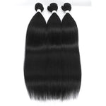 Three bundles of long, straight black hair extensions laid side by side on a white background, each tied at the top with a small band.