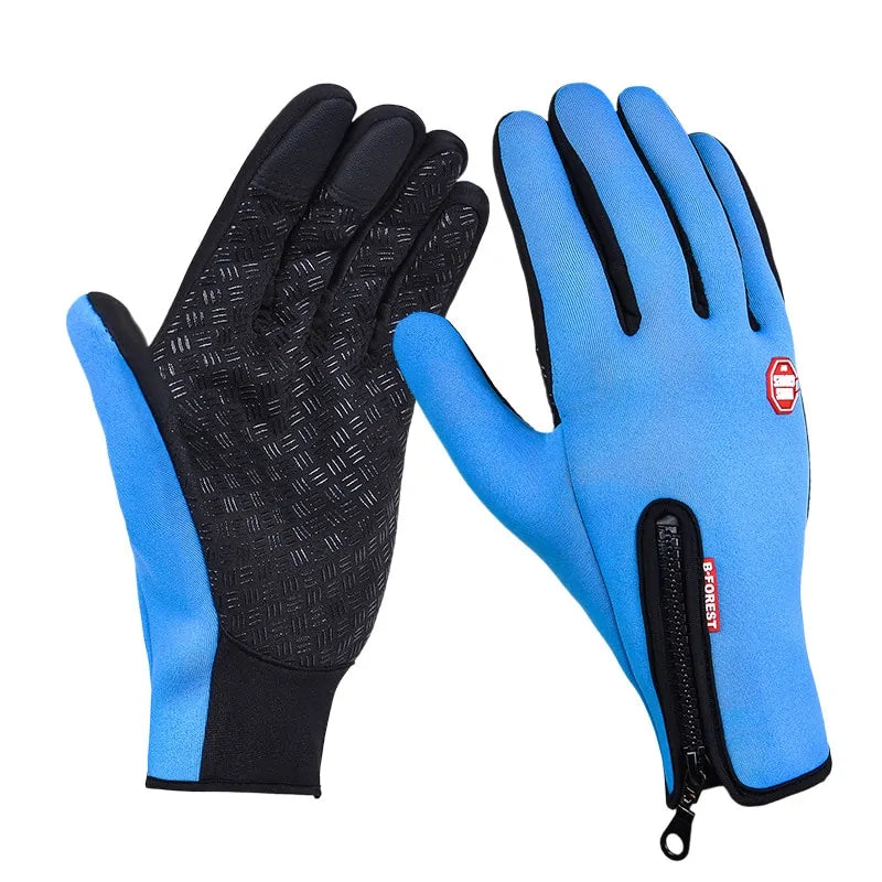 Pair of blue and black full-finger gloves—one showing the textured black grip palm, the other showing the blue back with a wrist zipper and small red-and-white logo.