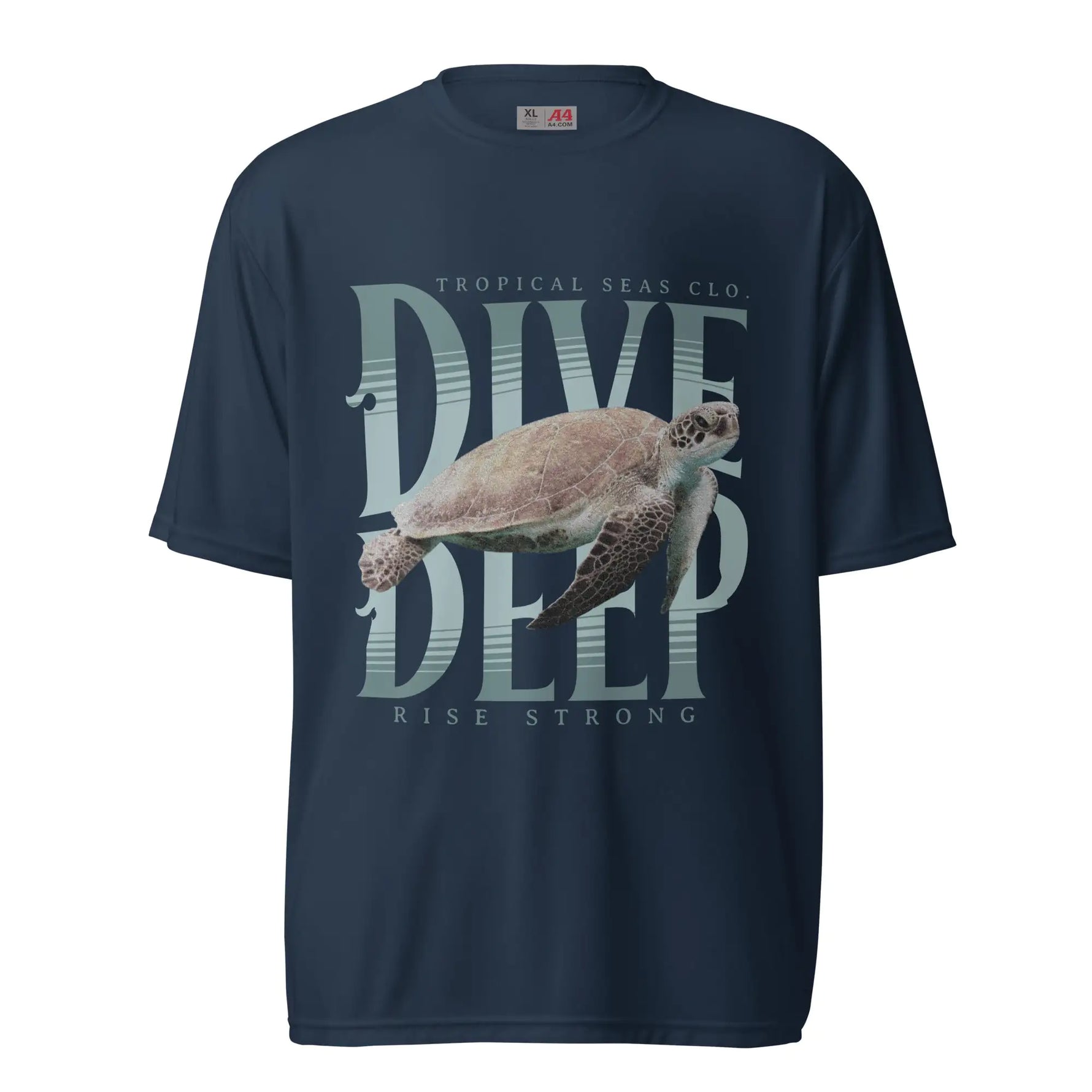 This t-shirt has a cool and relaxed ocean-inspired design. It's navy blue and features a sea turtle swimming over the bold text “DIVE DEEP” in large, stylized letters. Above the main text, it says “TROPICAL SEAS CLO.” and beneath it reads “RISE STRONG.” The overall vibe is motivational and adventurous, perfect for someone into the ocean, nature, or just chill beach aesthetics. Great for casual or summer wear.