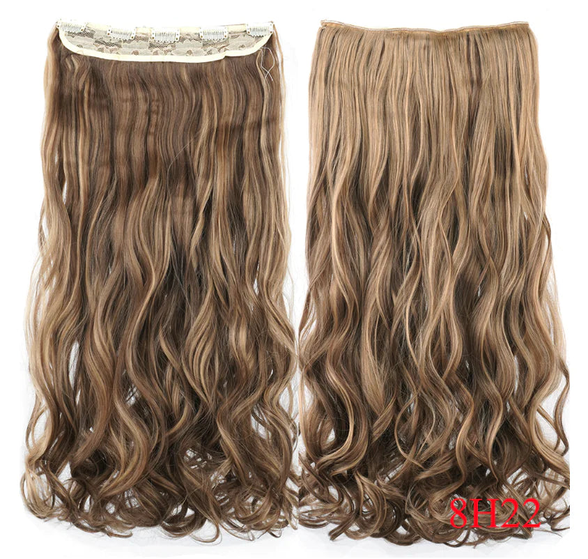 Two wavy clip-in hair extension wefts in light brown with blonde highlights, shown front and back on a white background, with “8H22” in red in the corner.