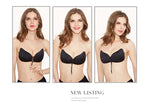 Black strapless lace-up adhesive bra shown on a model in three front and angled views.