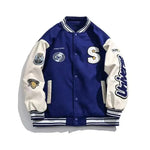 Blue and cream varsity jacket with patches and striped trims.
