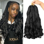 Split image showing a woman wearing long black braided hair with loose, voluminous curls, alongside a matching bundle of black wavy/curl hair extensions held at the top on a white background.