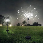 Two dandelion-style outdoor stake lights glowing in a grassy yard at night, with bright white “spark” branches and trees silhouetted in the background.
