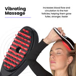 Ad graphic for a vibrating scalp massage hairbrush with red silicone bristles and red LED light, showing a woman using it on her scalp; text reads “Vibrating Massage” and “Increases blood flow and circulation to the hair follicles, helping them grow fuller, stronger, faster.