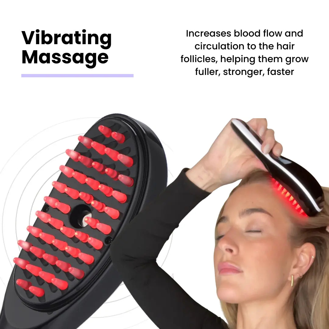 Ad graphic for a vibrating scalp massage hairbrush with red silicone bristles and red LED light, showing a woman using it on her scalp; text reads “Vibrating Massage” and “Increases blood flow and circulation to the hair follicles, helping them grow fuller, stronger, faster.