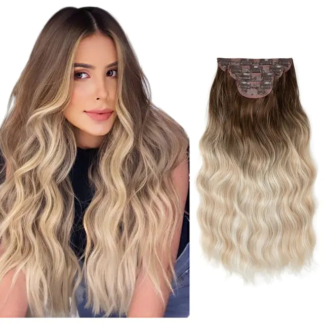 Model with long, wavy ombré hair alongside a matching clip-in hair extension piece in dark brown to blonde gradient on a white background.