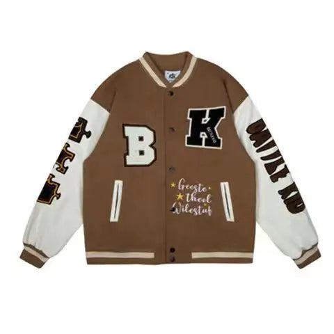Brown and cream varsity jacket.
