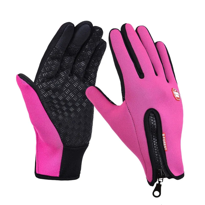 Pair of pink and black full-finger gloves with textured grip palms and a zippered back.
