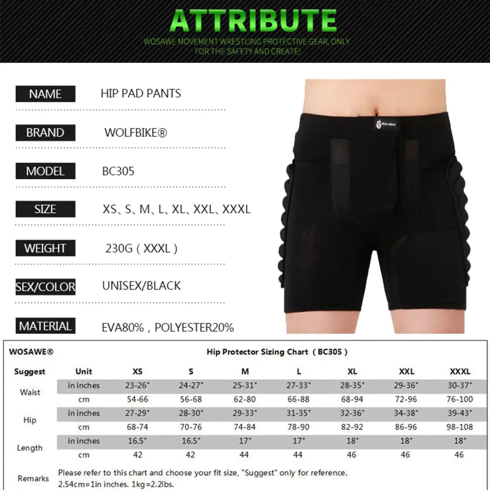 Shock Absorbing Hip Protection Biking Shorts Size Chart