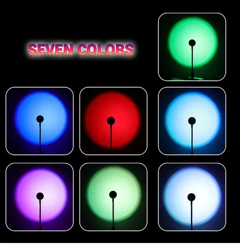 A display of a lamp that can change colors, showing seven different color options: green, blue, red, purple, and other variations. The light is glowing in each image.