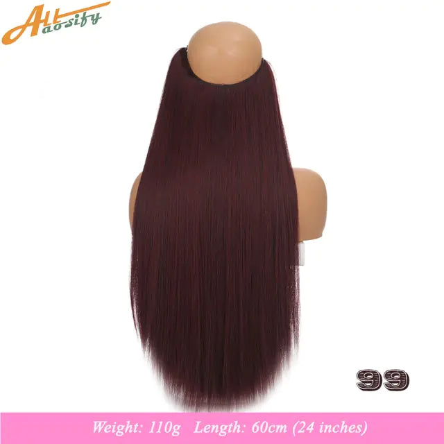 Back view of a mannequin head wearing a long, straight burgundy hairpiece; text at the bottom reads “Weight: 110g  Length: 60cm (24 inches),” with “99” in the lower-right corner.

