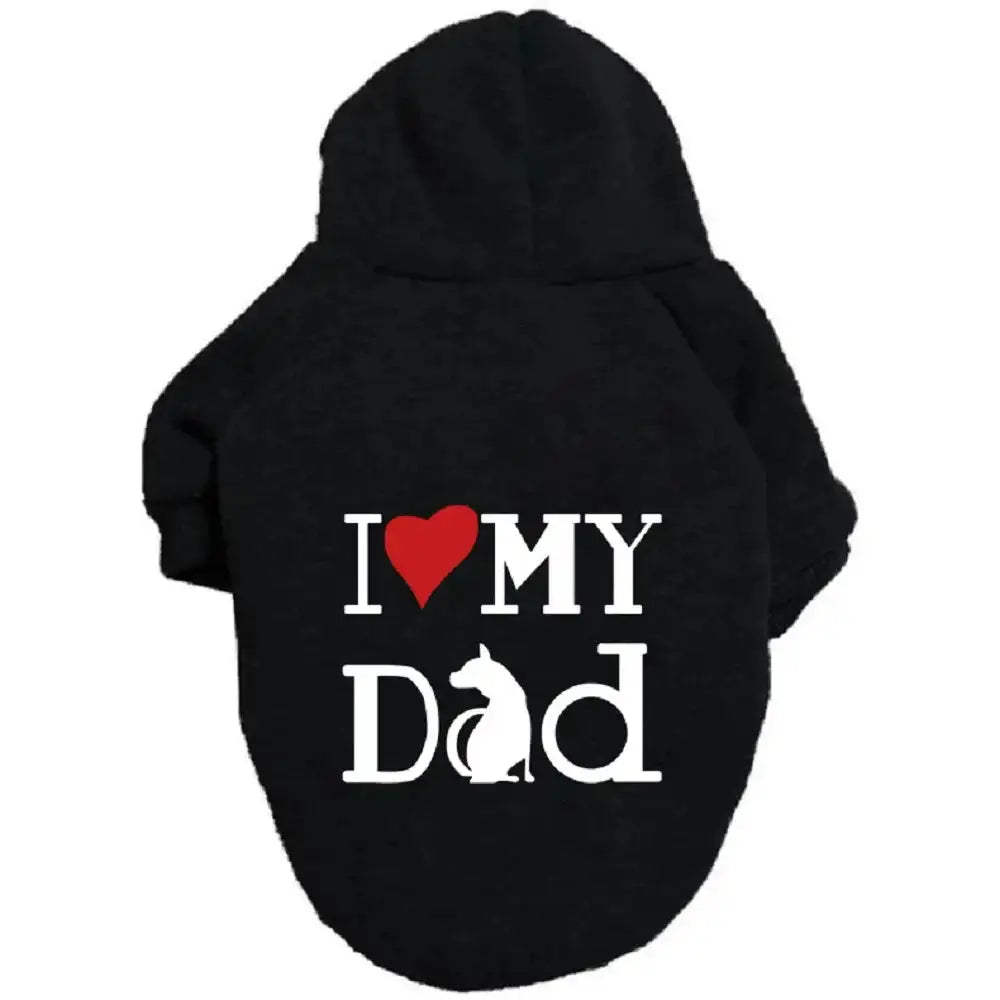 A pet hoodie with a hood and short sleeves, featuring the text 'I ❤️ MY DAD' printed on the back.