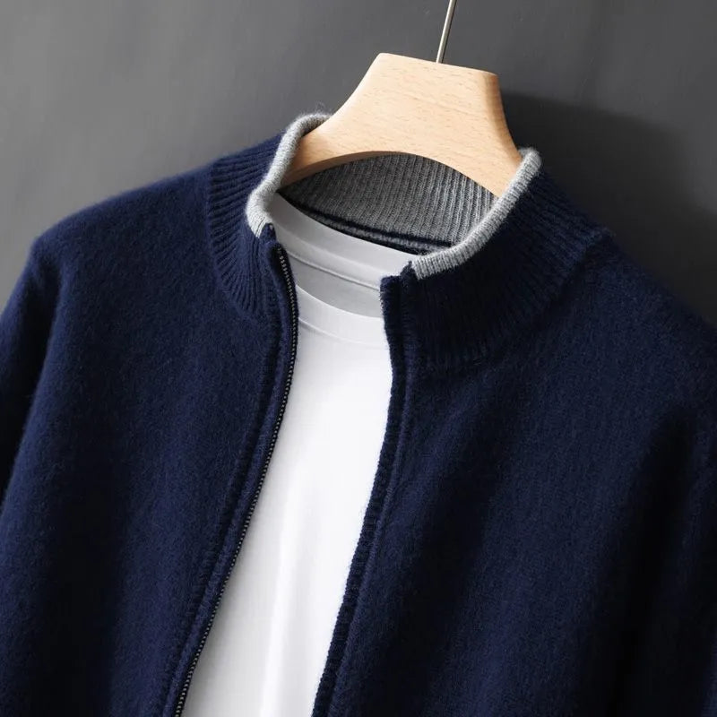 Men's Zipper Stand Collar Colour-Block Cardigan