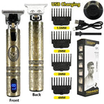 Gold engraved USB-rechargeable hair trimmer kit showing front and back views of the clipper, four guide combs labeled 1.5mm, 2mm, 3mm, and 4mm, a USB cable, cleaning brush, user manual, and product box.